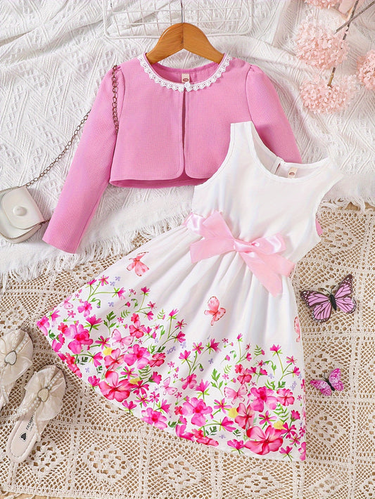 Girls' spring fashion 2-piece set includes floral print dress with belt detail and matching cardigan. Made of 100% polyester, non-stretch woven fabric. Perfect for outdoor wear.