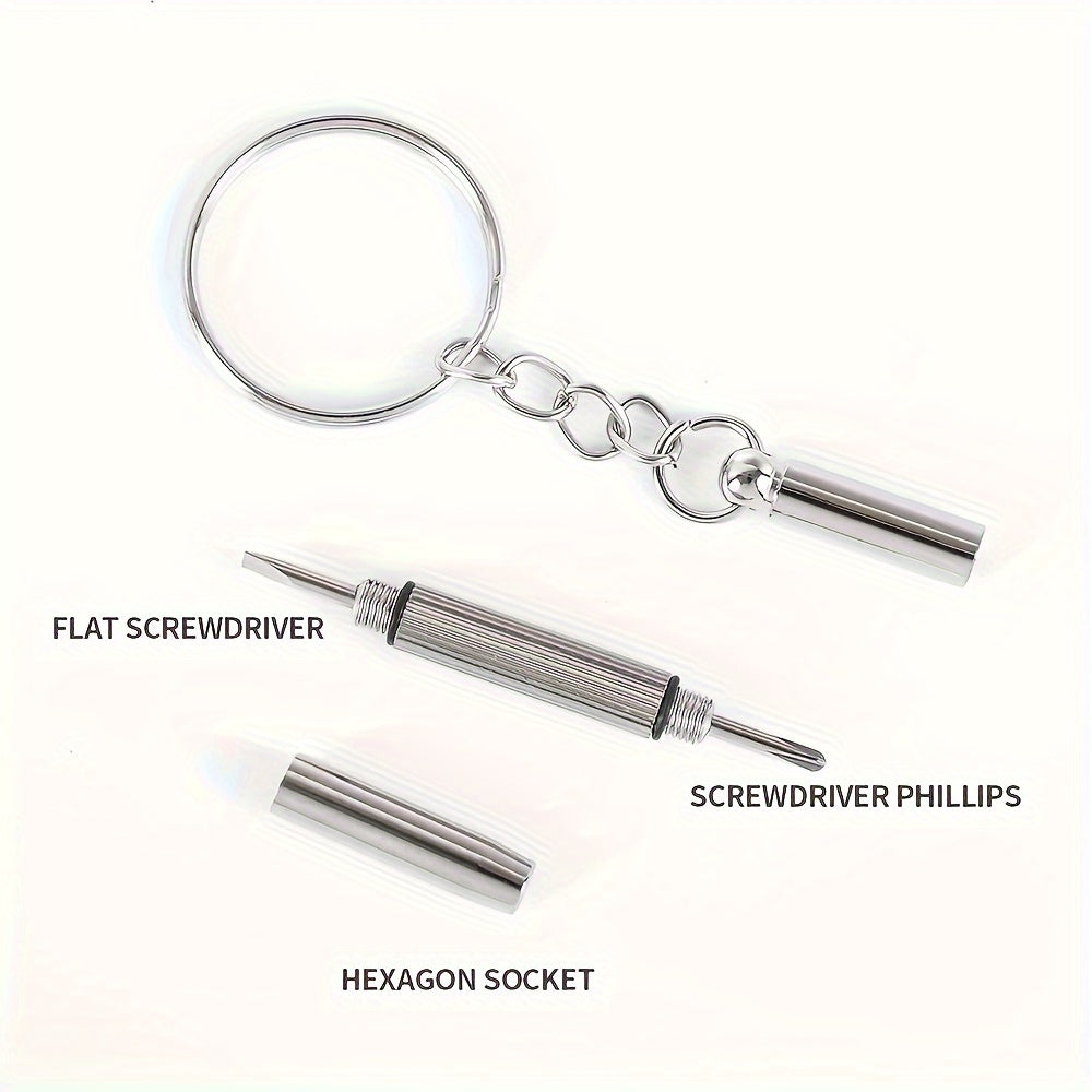 Steel glasses screwdriver set with keychain, precision hand tools for watch and eyeglass repair.