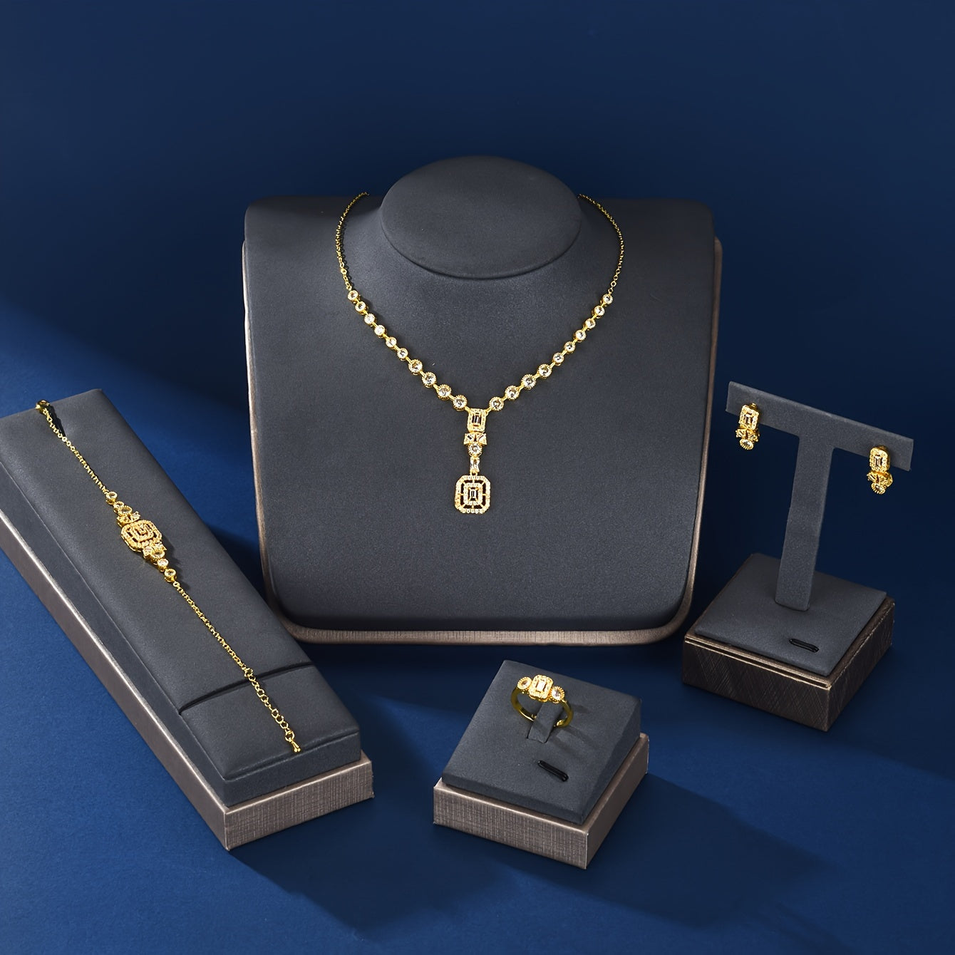 Complete your vacation style with this 5-piece fashion jewelry set for women featuring holiday-themed copper with synthetic zirconia. The set includes a necklace, earrings, bracelet, and ring, perfect for daily wear, parties, weddings, and an ideal