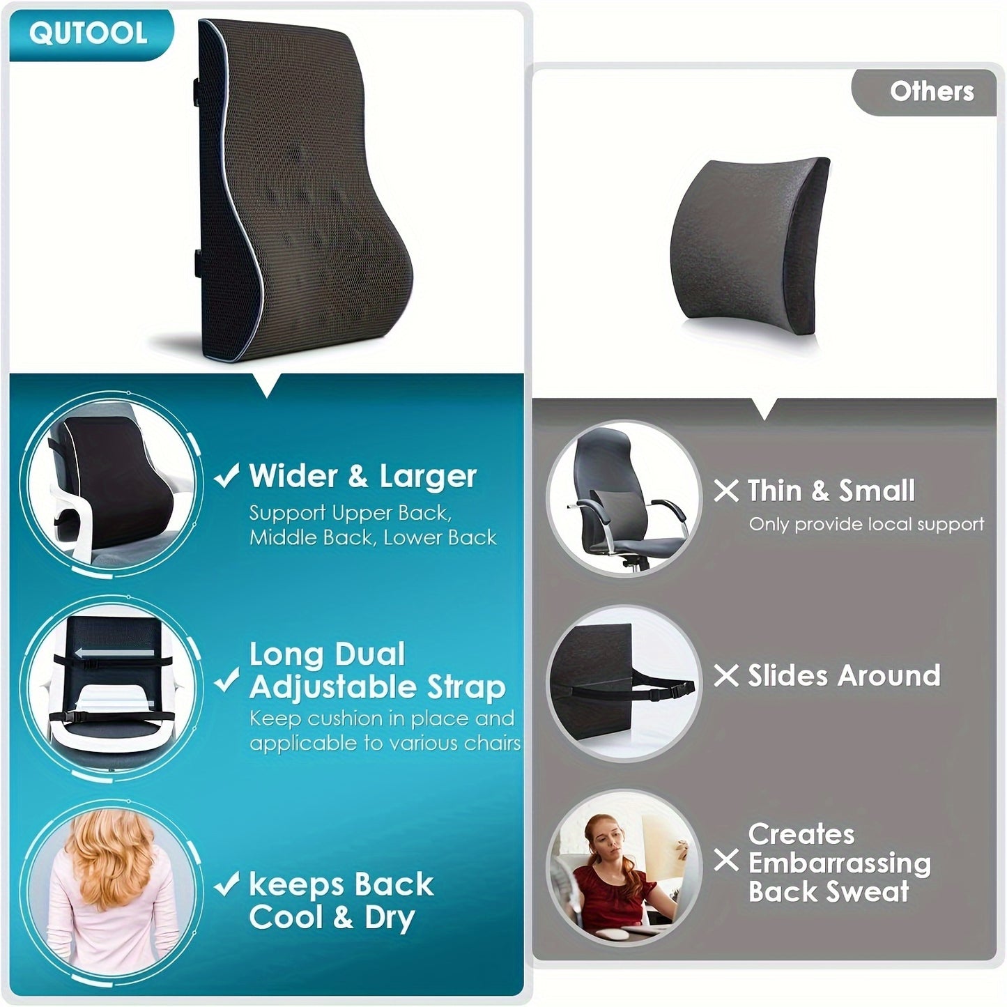 Memory foam cushion with adjustable straps improves posture for office chairs, cars, and gaming.