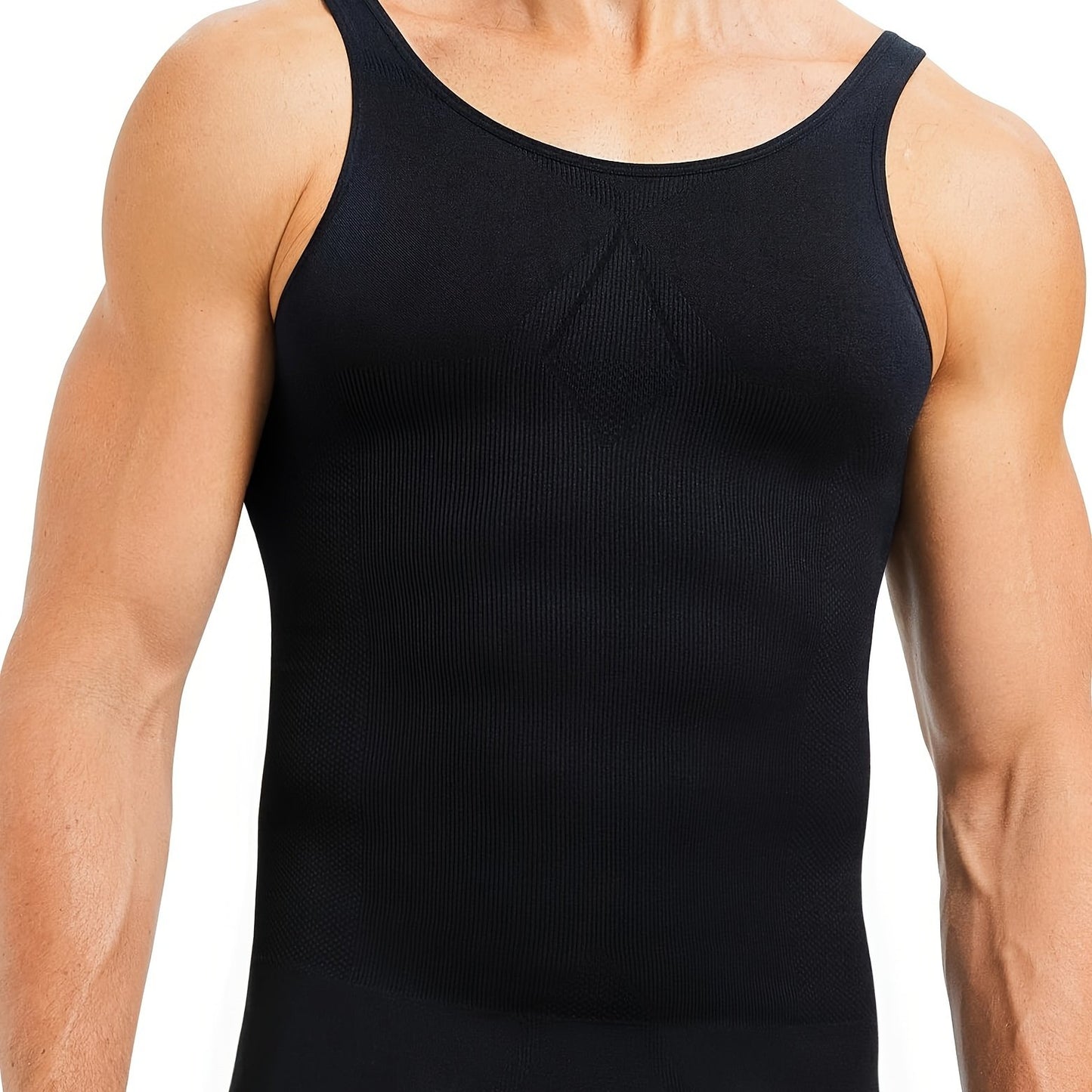 Men's slimming body shaper tank top made of breathable nylon-spandex blend. Sleeveless with off-shoulder neckline. Flexible and stretchy for all-season wear. Sporty style.