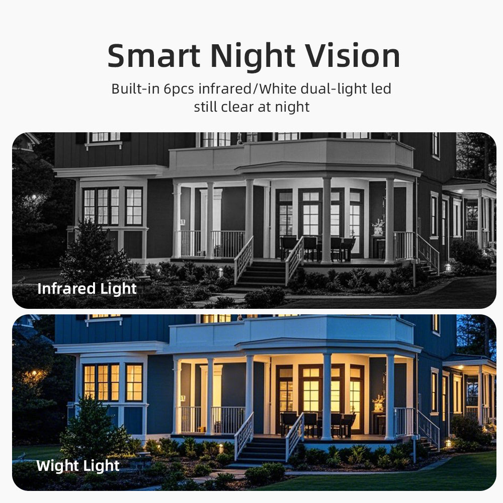 Two sets of outdoor security cameras featuring wireless IP technology for home protection. Includes floodlight with motion detection powered by artificial intelligence, two-way audio, infrared night vision capability, and video surveillance functionality.