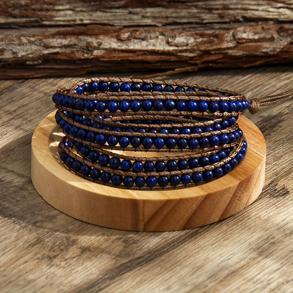 Women's Bracelet with a Bohemian Style, Waxed Cord Braid and Adjustable 5 Rows Wrap