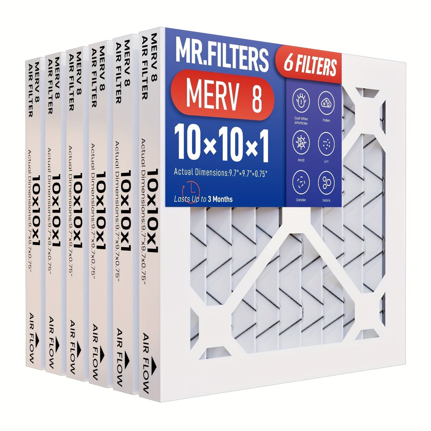 Replace the air filters in your home with this pack of six AC furnace filters. These filters are 10 x 10 x 1 and come in MERV8, MERV11, and MERV13 ratings for improved air quality. Keep your HVAC system running smoothly with these pleated filters.