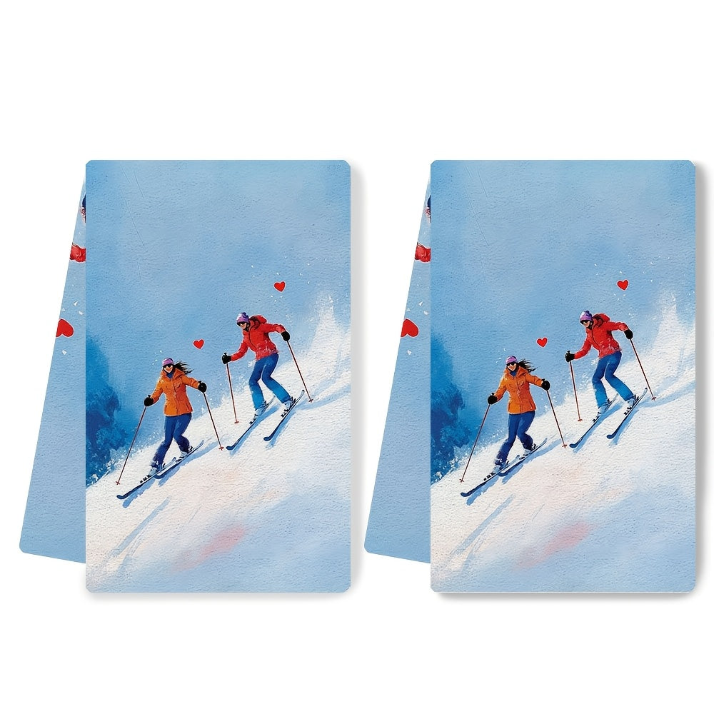 Add a touch of charm to your kitchen with this set of two ultra-soft dish towels adorned with a delightful illustration of a couple skiing gracefully down a snowy hill. The skiers move side by side, executing elegant turns with ski poles featuring