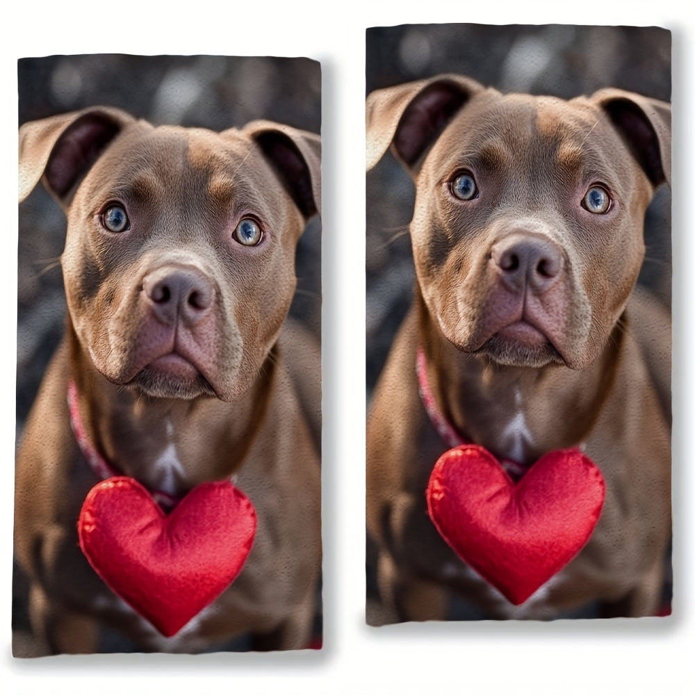 Set of 2 Ultra Soft Kitchen Towels featuring a Pitbull Valentine Design - Extremely Absorbent, Easy to Clean Dish Hand Towels, Adorned with Red Heart Detail, Measures 40.64x60.96 cm - Perfect for Holiday Decorating & Everyday Kitchen Use