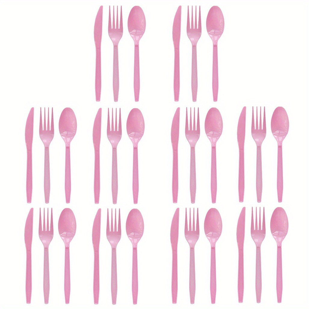 Set of 3 colored disposable plastic tableware pieces for weddings, birthday parties, and cake servings. Includes knives, forks, and spoons (30 pieces total).