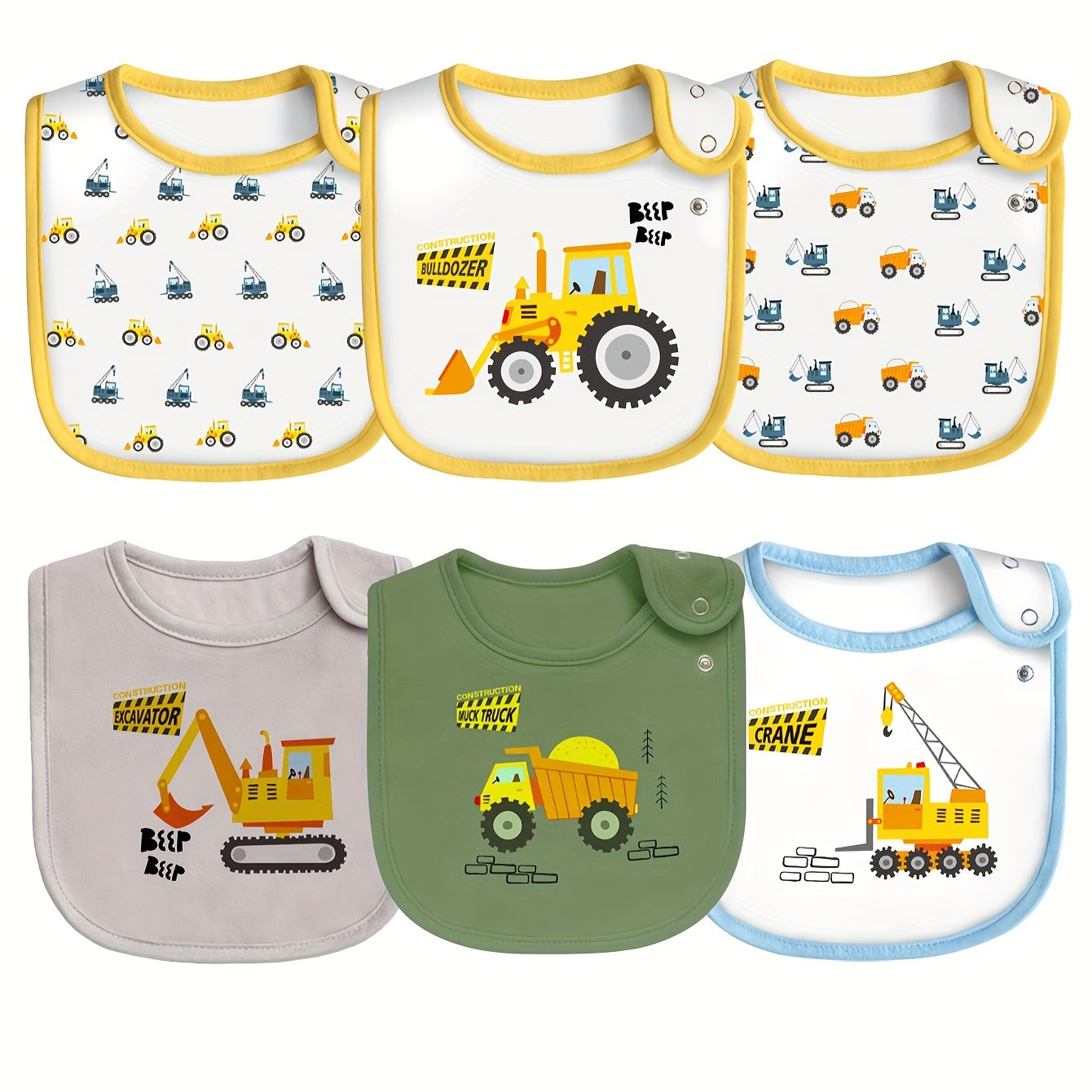 Adjustable snap waterproof feeding bibs with cartoon designs for all seasons: spring, summer, autumn, and winter. Perfect for home eating. Contains 6 pieces.