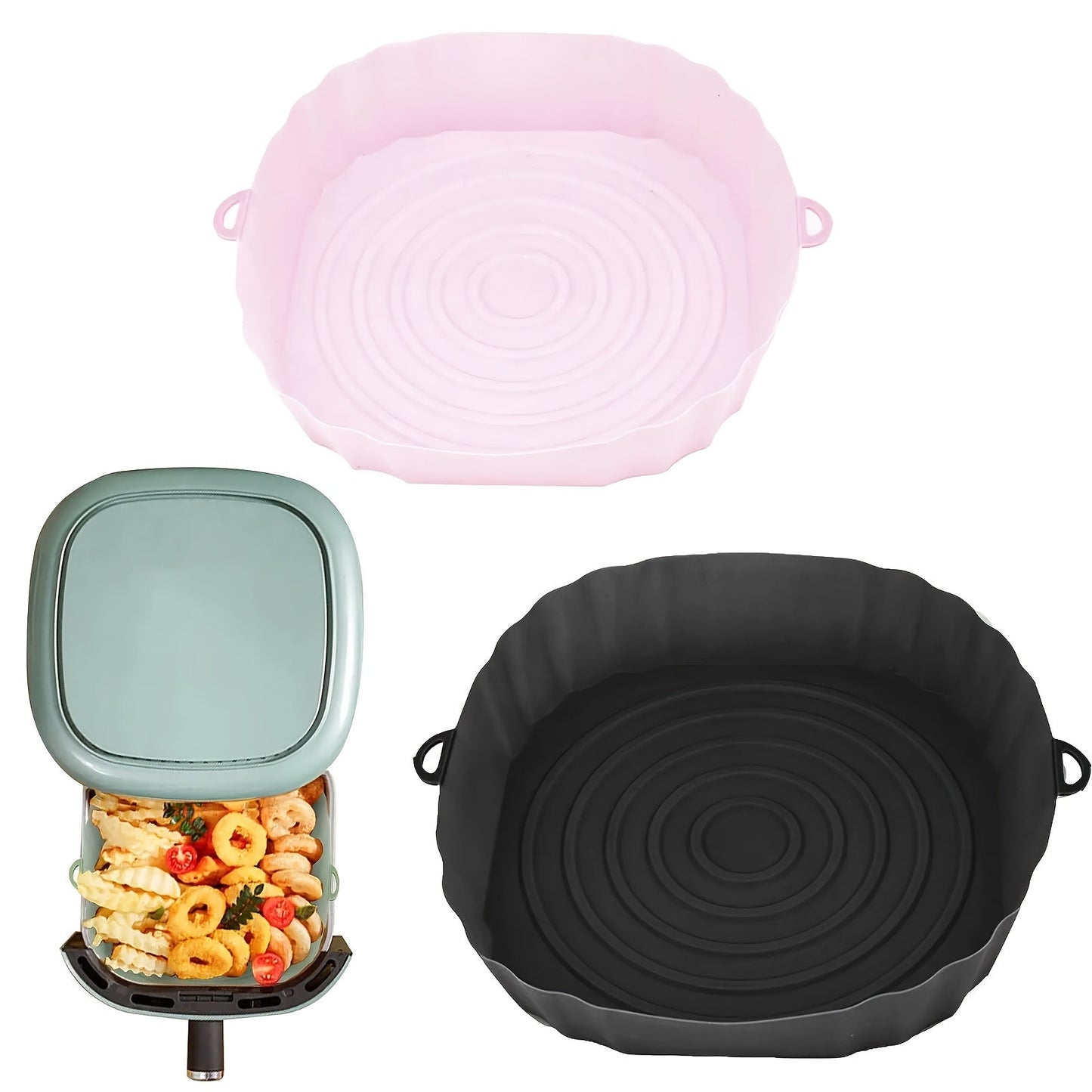 Two silicone air fryer liners, non-stick and reusable bakeware that is easy to clean and durable kitchen accessories designed to line your air fryer.