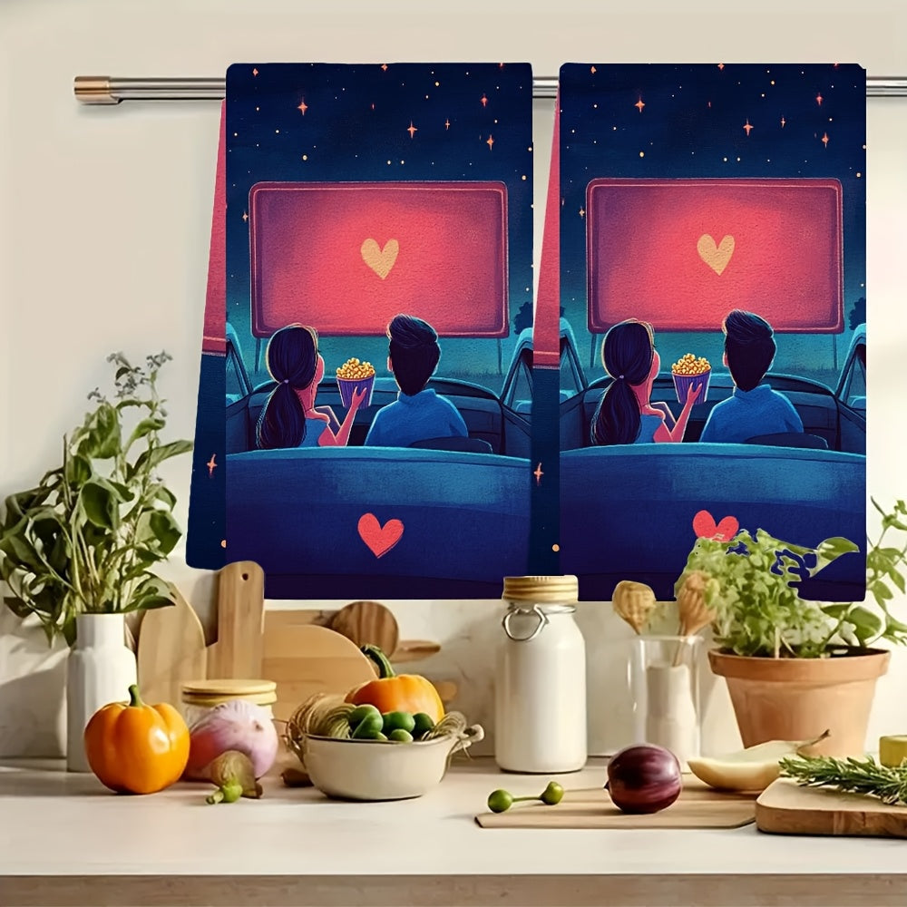 2 pieces of ultra soft kitchen towels featuring a hand drawn illustration of a couple sitting in their car at a drive-in movie theater. They are watching a romantic film on the big screen while sharing a bucket of popcorn. The car's hood is decorated