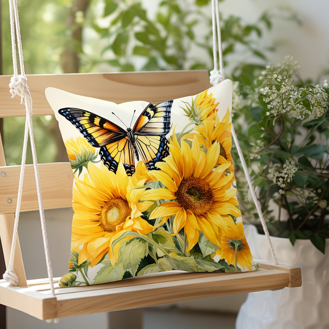 One piece of Sunflower Butterfly Design throw pillow cover made of Peach Skin Velvet material, measuring 45x45cm. Perfect for decorating your car, living room sofa, bedroom, or bedside backrest. Features a single side print design. Pillow inner not