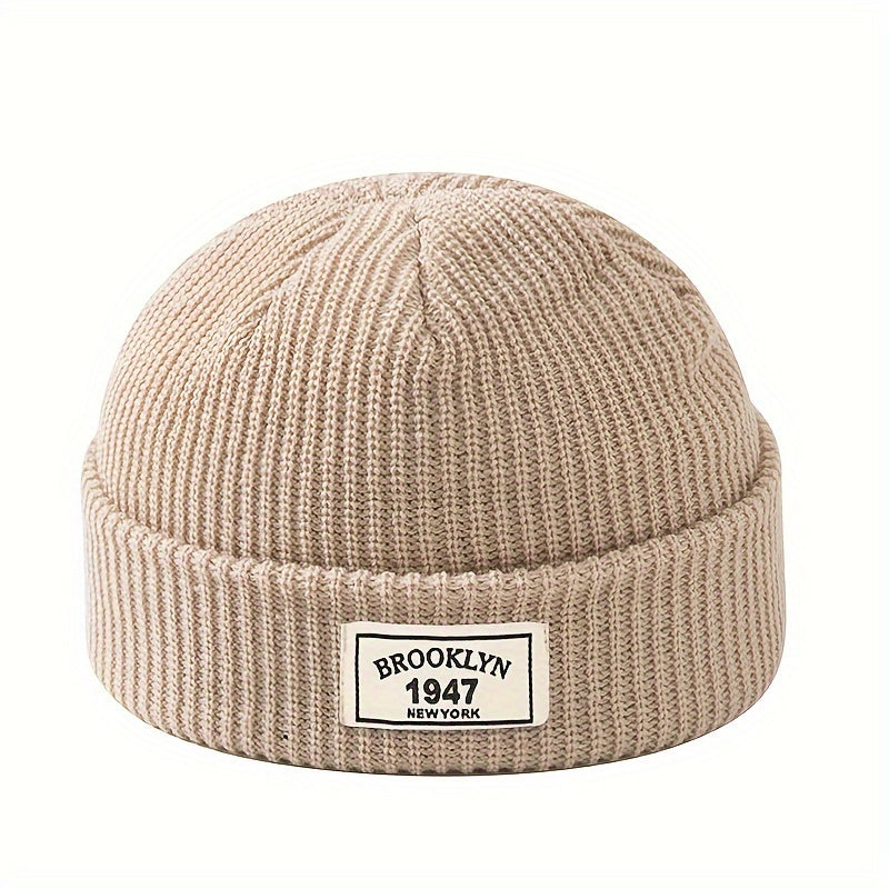 Knitted beanie for men - warm and elastic winter hat with letter patch, perfect for active leisure and holiday gifting, including Valentine's Day.