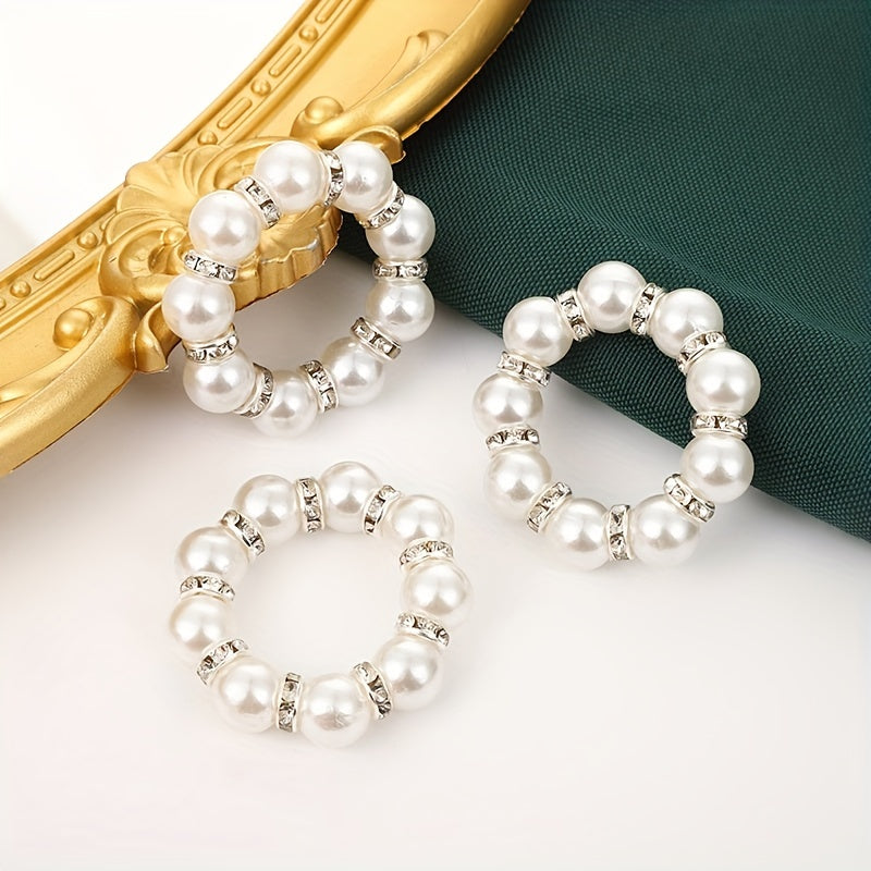 12 elegant pearl napkin rings for weddings, banquets, and home decor, handcrafted with a beaded, stretchable design.