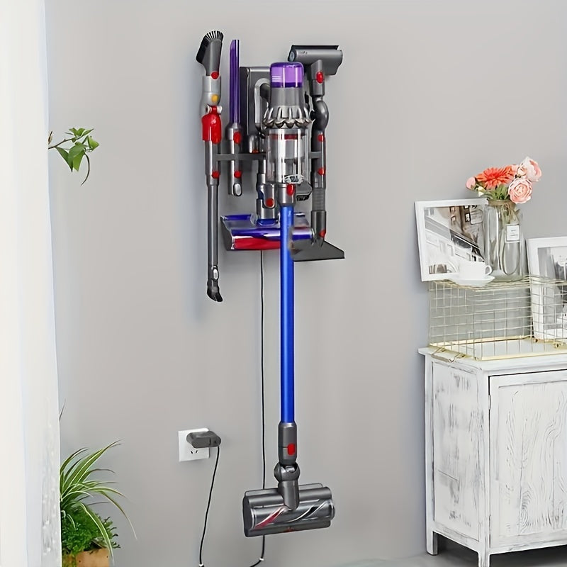 Wall-mounted vacuum cleaner head holder for Dyson V7, V8, V11, V12, V15 models. Saves space and organizes with utility hooks.