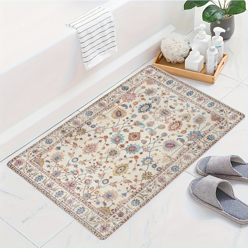 Beige & White Chic Floral Area Rug - Anti-Fatigue, Non-Slip, Water-Absorbent - Ideal for Entryway, Living Room, Kitchen - Soft Plush Polyester with PVC Backing - Kitchen Rugs