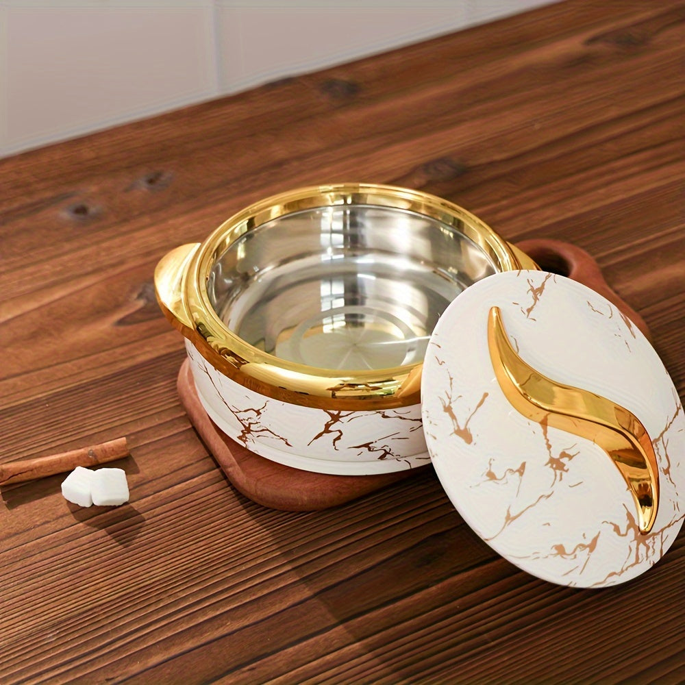 Golden Touch Food Warmer Set with 3 insulated stainless steel containers in various sizes, designed in white and golden marble. Keeps food hot for 6 hours and cold for 4 hours, perfect for