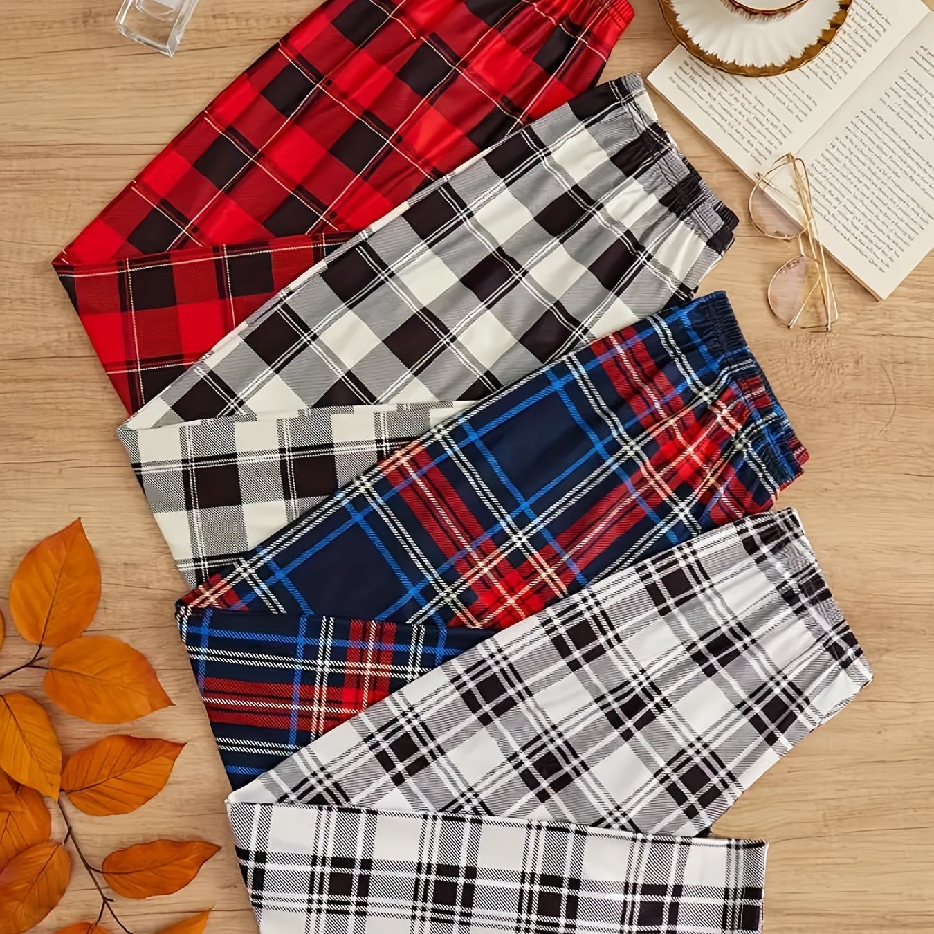 Men's 4pcs Plaid Pants Set for Spring, Autumn, and Winter. Loose-fit for outdoor or home wear.