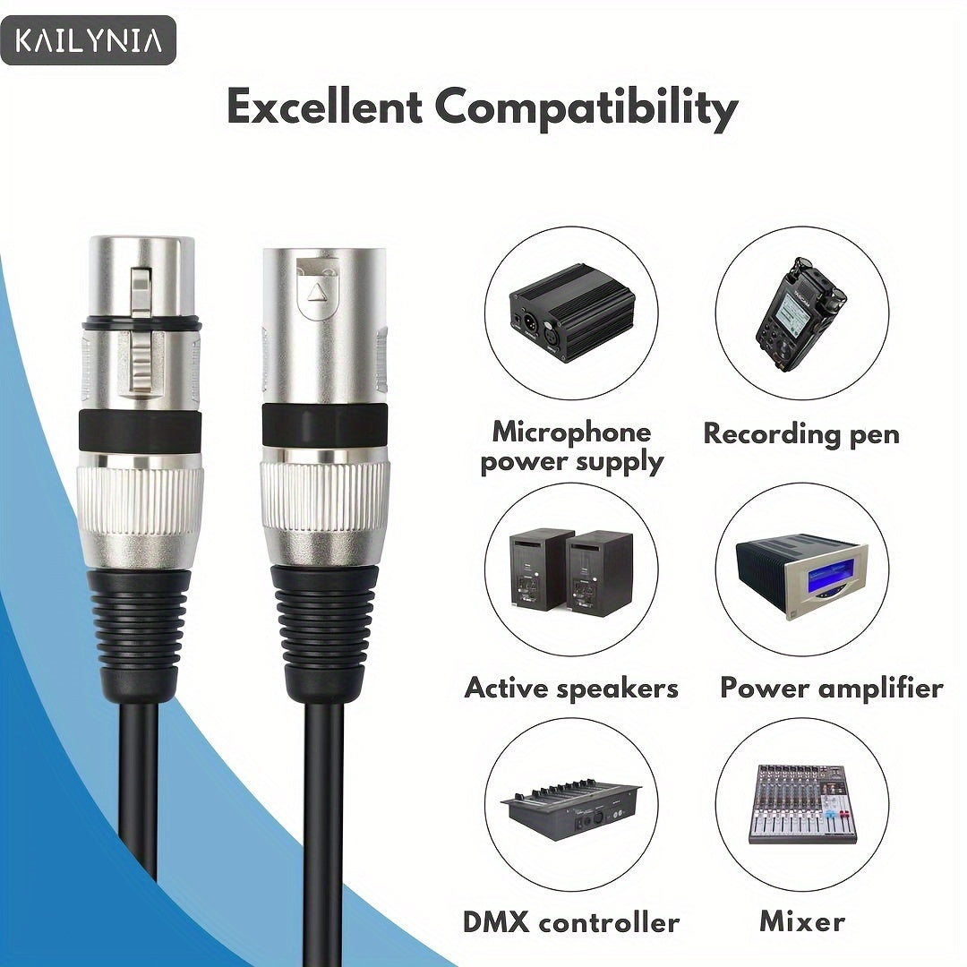 KAILYNIA Professional 3-Pin Balanced XLR Cable for microphone to mixer connection, shielded for recording studio, podcast, and active speakers - available in various lengths.