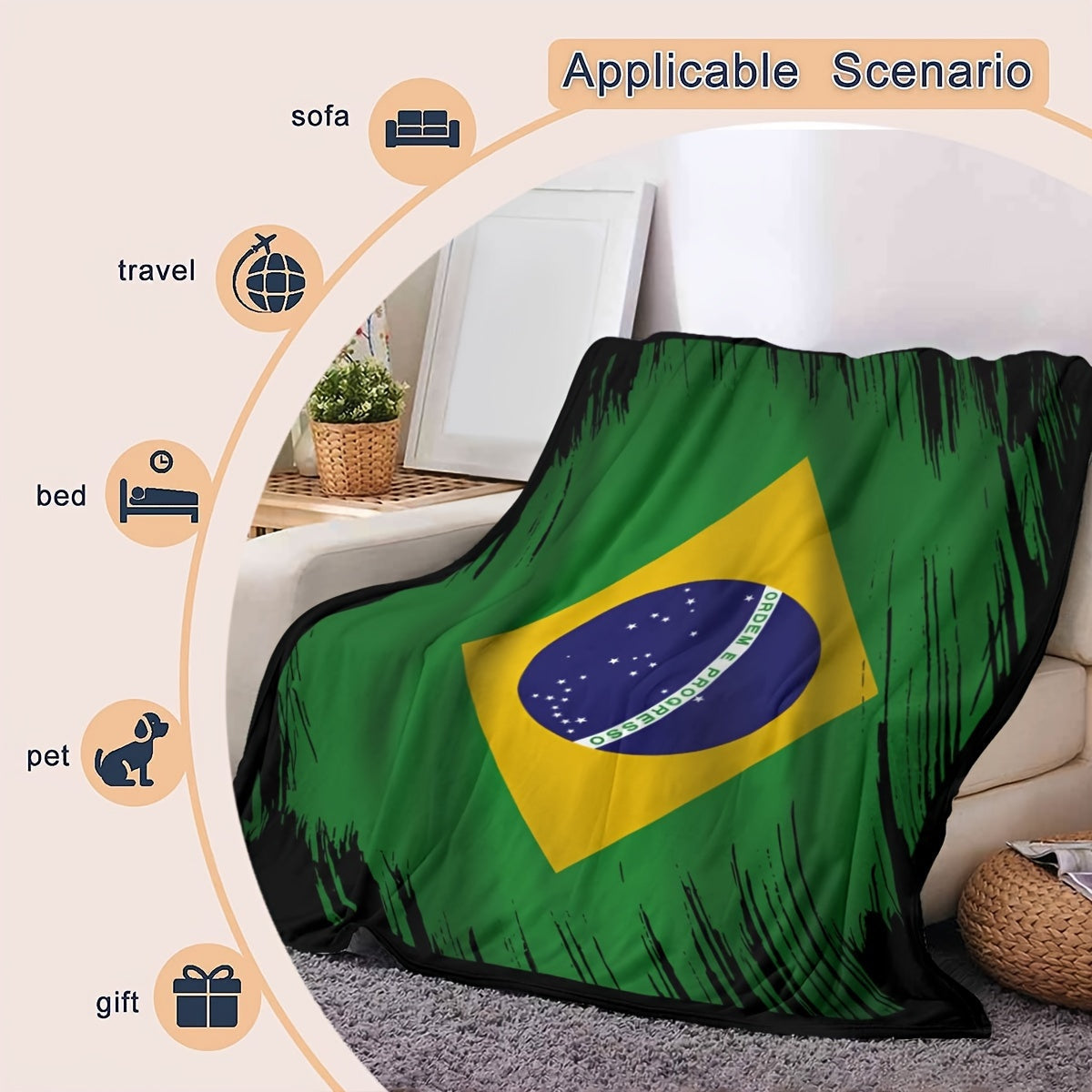 Ultra-soft Brazilian Flag digital print blanket by ZR - featuring a cozy flannel throw in patriotic green, yellow, and black design with the national emblem. Perfect for home and travel, providing all-season comfort.