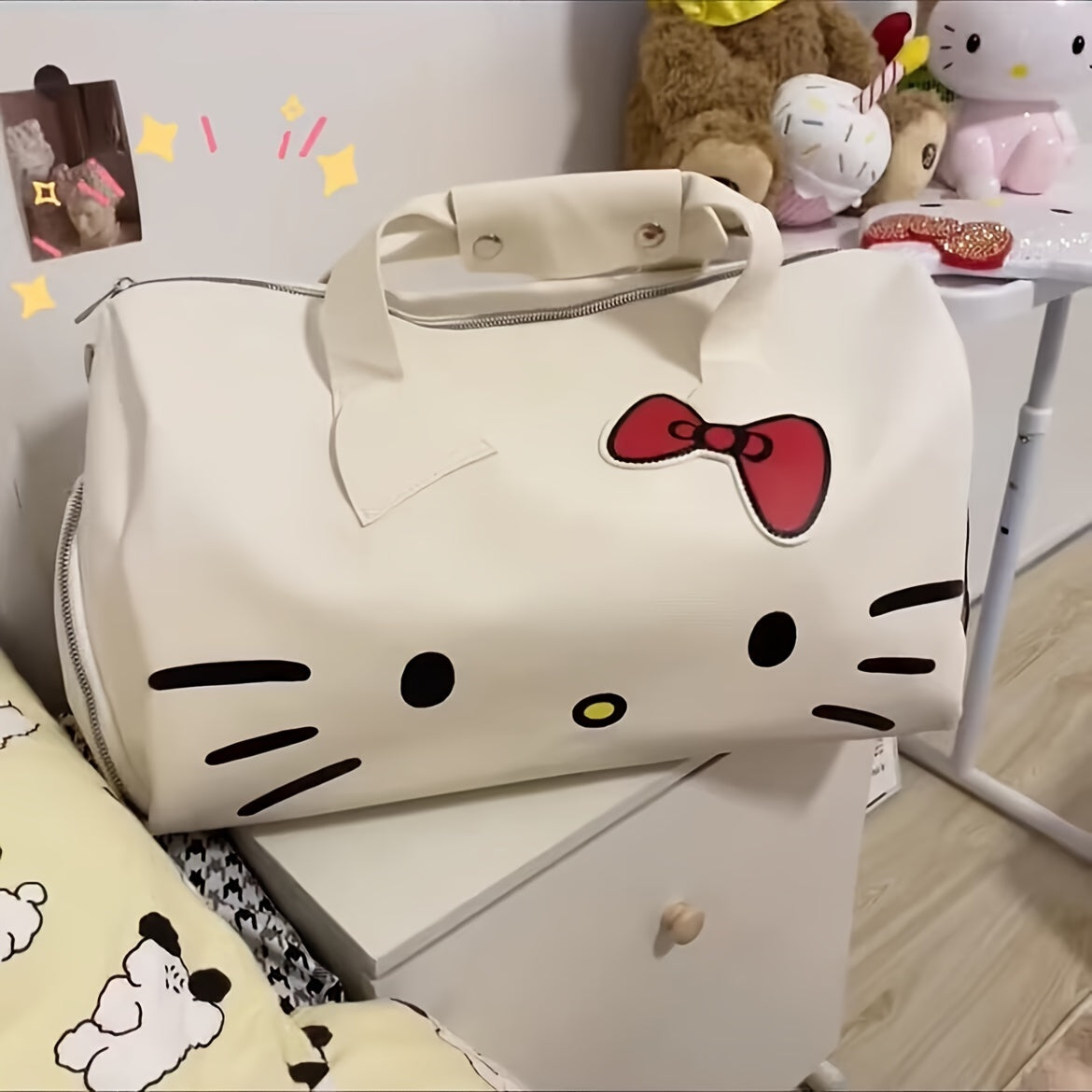 Sanrio Hello Kitty travel bag with adjustable strap, zipper closure, and animal print lining - White