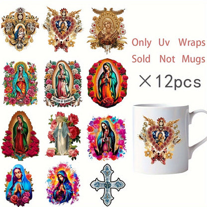 [Reliable] Set of 12 UV DTF Vinyl Stickers featuring Virgin Mary & Christian Designs for Coffee Mugs, Strong Adhesive for DIY Decor Wraps