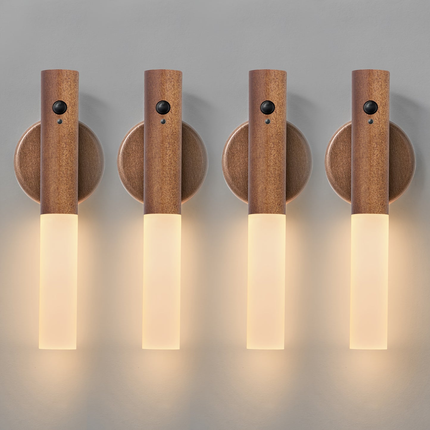 2 modern beech wood LED wall sconces with motion sensor - rechargeable, magnetic night lights for bedroom and hallway decor