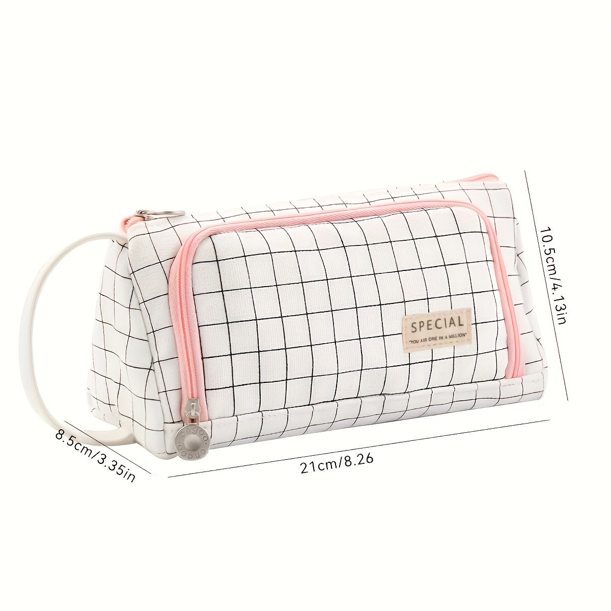 Spacious three-layer pencil case with pink & white checkered design, made of durable twill fabric. Great organizer for school supplies, perfect for girls.