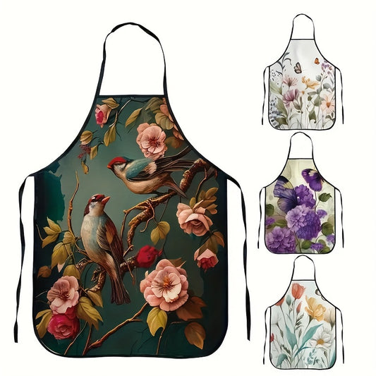 1 Floral and Bird Print Apron made of 100% Polyester with Adjustable Neck for Cooking and Chores