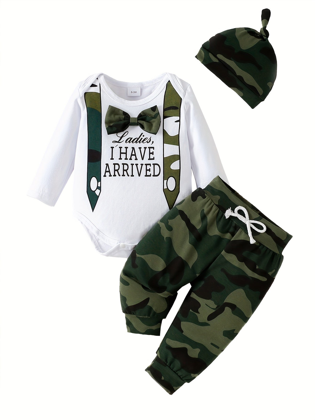 Three-piece set for stylish boys and babies includes a camouflage bow long-sleeved shirt, pants, and hat.