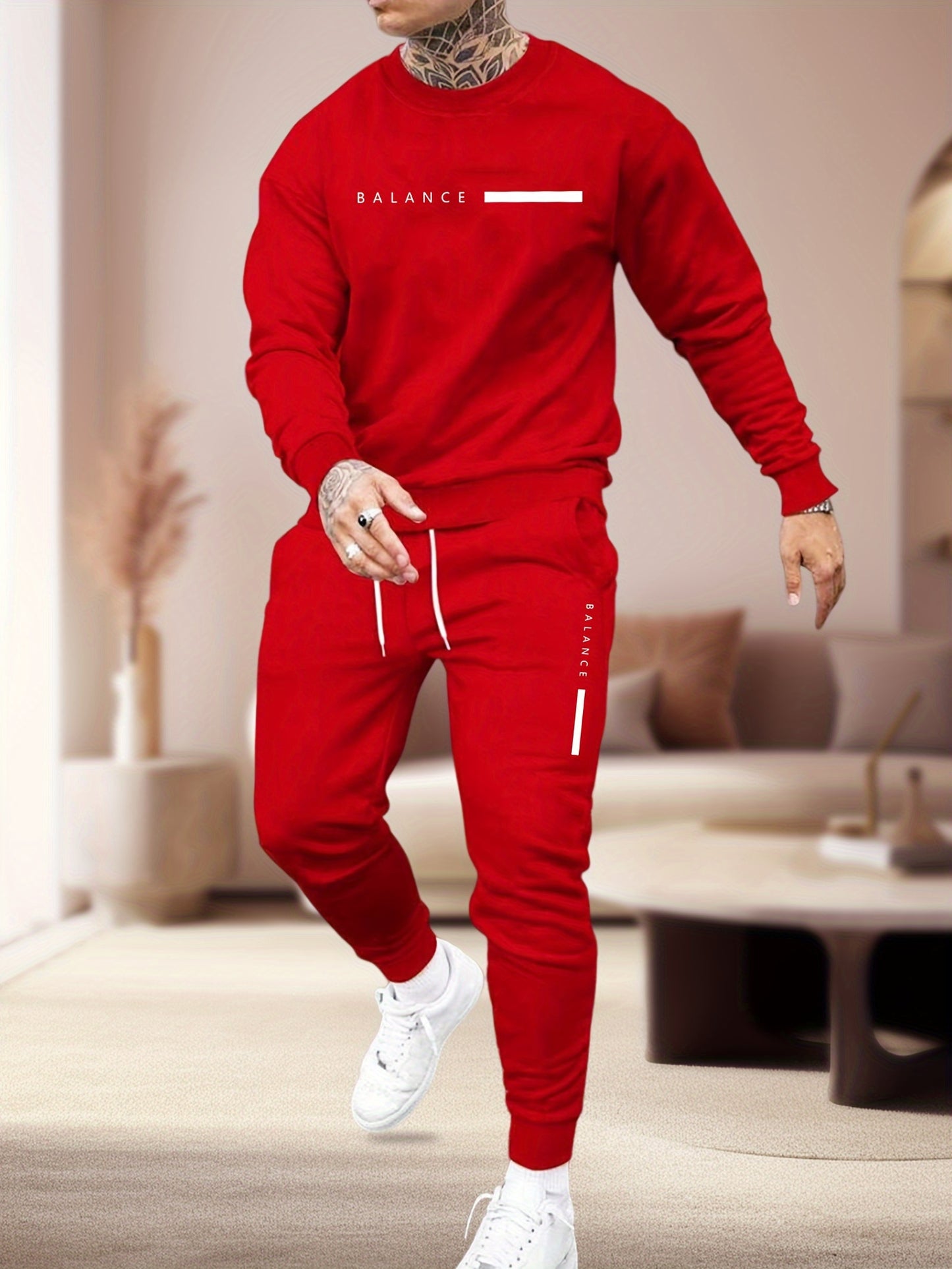 Men's casual 2-piece set: Polyester sweatshirt & joggers with unique print design, machine washable, round neck, and pockets.