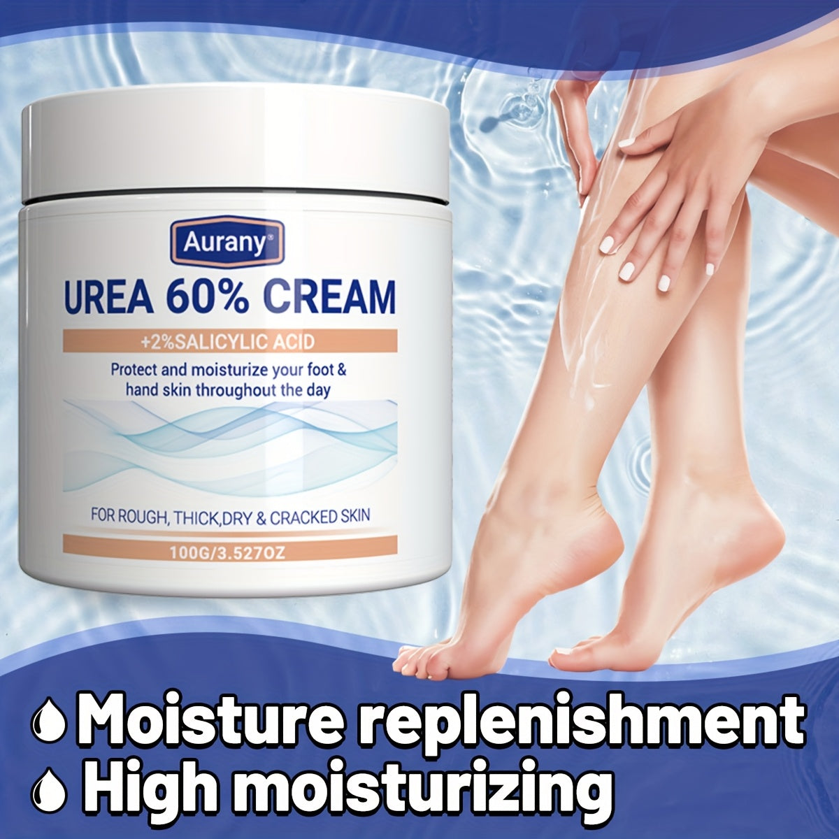 Two pieces of Urea Cream 60% with 2% Salicylic Acid, suitable for dry skin on feet, knees, and elbows. Moisturizes and protects foot skin all day. 100g.