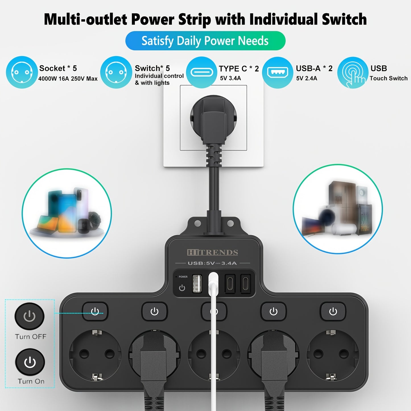 Power strip with 5 EU sockets, 2 USB-A ports, and 2 USB-C ports, smart charging, individual switch, flexible cable, wall-mounted for home, office, dorm use.