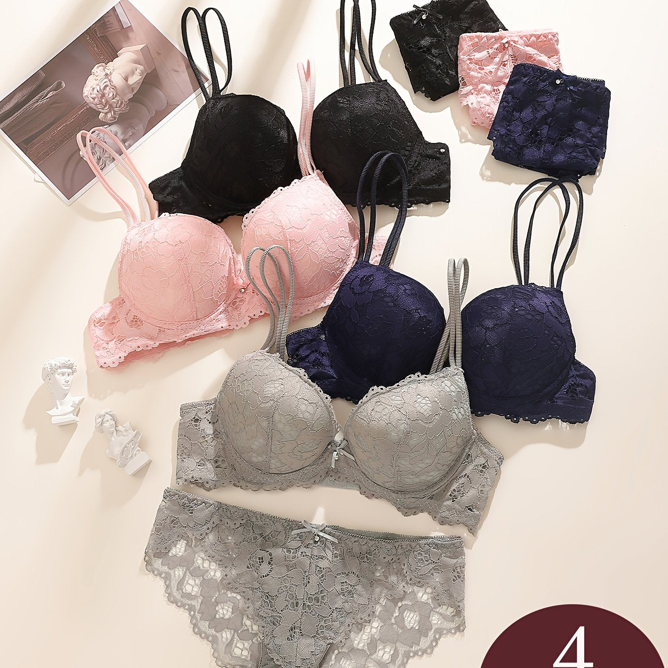 4-piece bra set with steel ring and sexy lace for women, designed to gather, uplift, and prevent sagging.