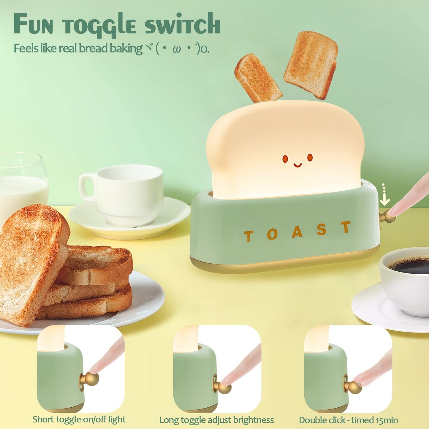 Adorable toaster-shaped LED lamp that doubles as desk decor and bread night light. Features dimmable settings, timer, and rechargeable design. Perfect for bedside or desk use.