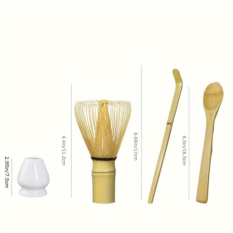 Set of 4 pieces including 2 Japanese Matcha Ceremony accessories: a Matcha Whisk (Chasen), Traditional Scoop (Chashaku), Tea Spoon, and a Blue Celadon/Black Whisk Holder. This set is perfect for preparing a traditional cup of Matcha and includes Matcha