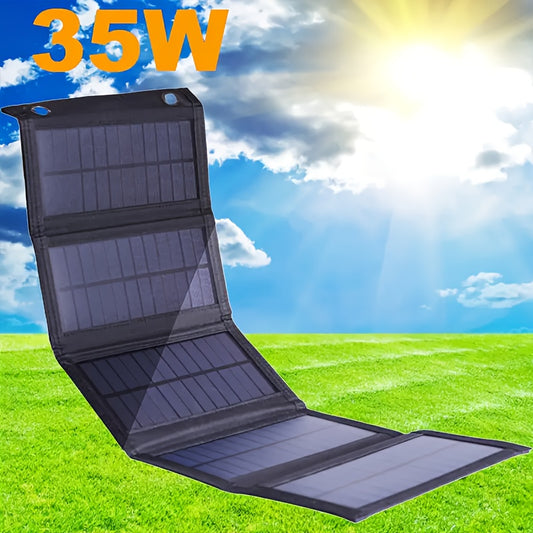 Portable 35W solar charger with foldable design, ideal for outdoor travel and camping. Features USB 5V output for charging mobile phones and tablets. Can also be used as a power bank, fan