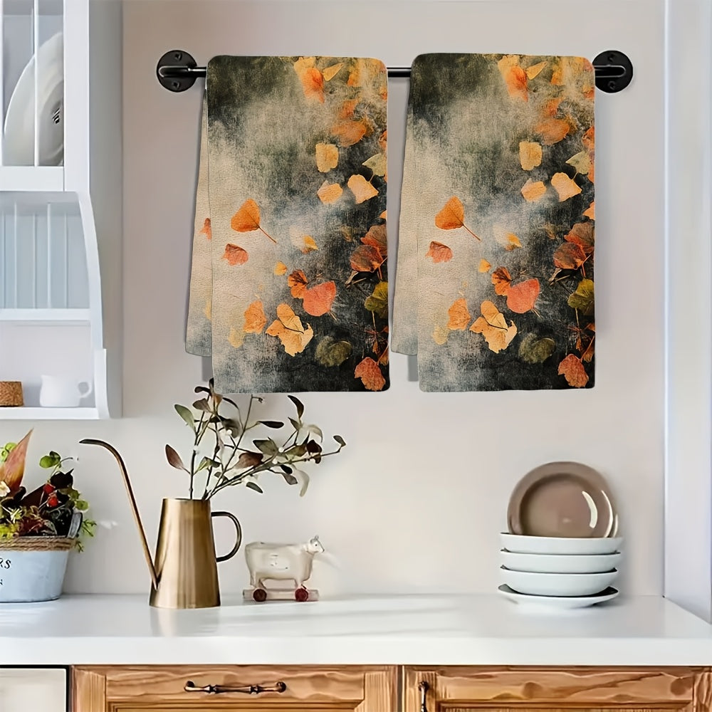 Set of 2 Coastal-Inspired Kitchen Towels measuring 40.64x60.96 cm, made of Super Absorbent Polyester Knit Fabric. These Machine Washable dish towels feature a Contemporary Leaf Design, perfect for Holiday Decor.