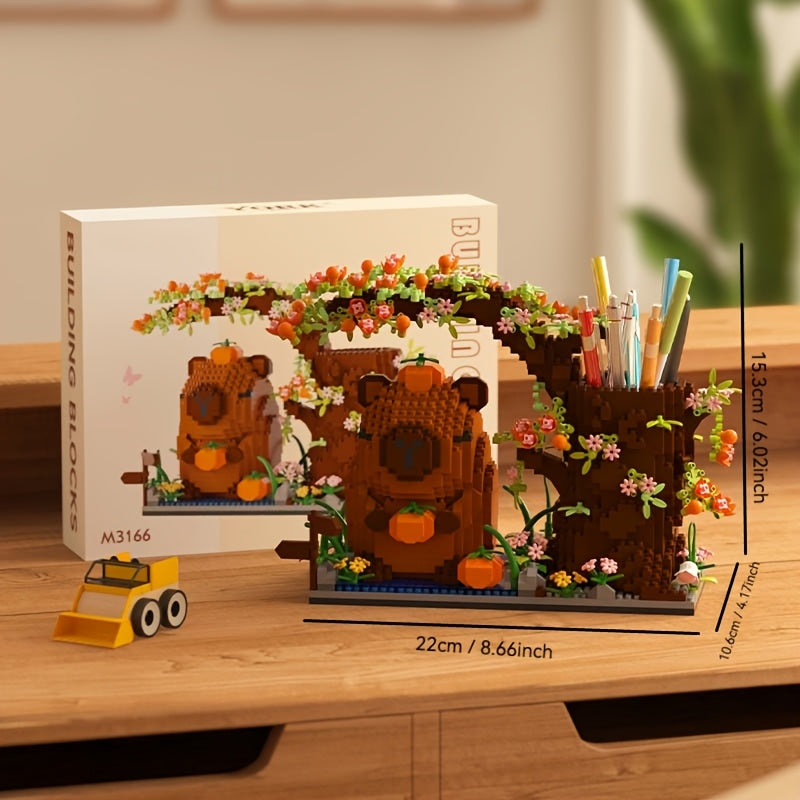 Charming capybara building block pen holder with multi-function desk organizer for office supplies, cosmetics, and handicrafts. Perfect birthday gift made of deep brown/black ABS material.