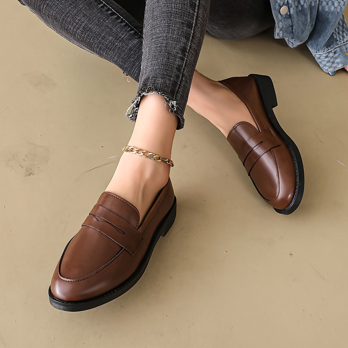 Stylish Women's Brown Faux Leather Loafers - Casual Slip-On with Non-Slip Rubber Sole, Durable for All Seasons