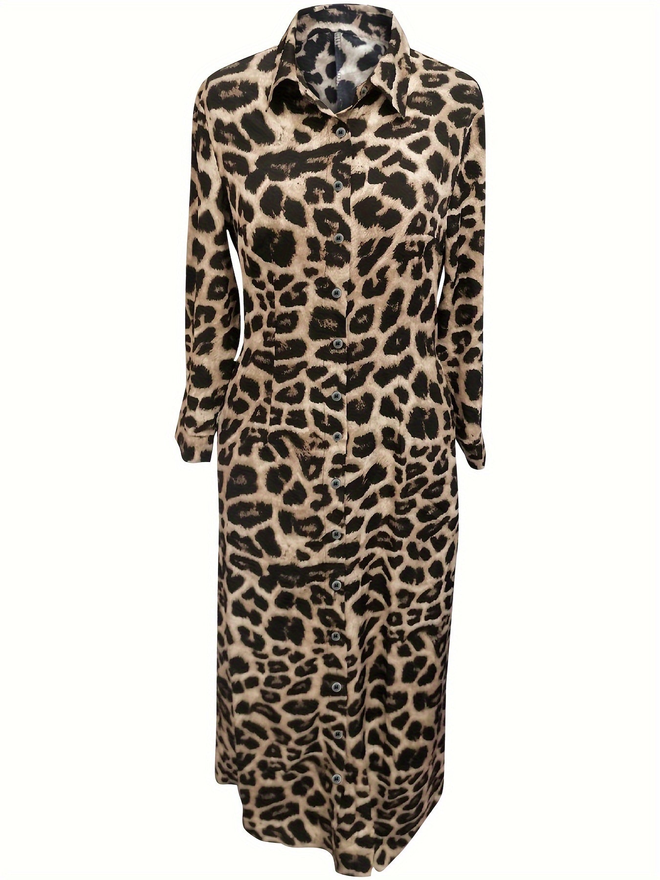 Stylish maxi dress with leopard print and button front, perfect for spring and fall. Women's fashion.