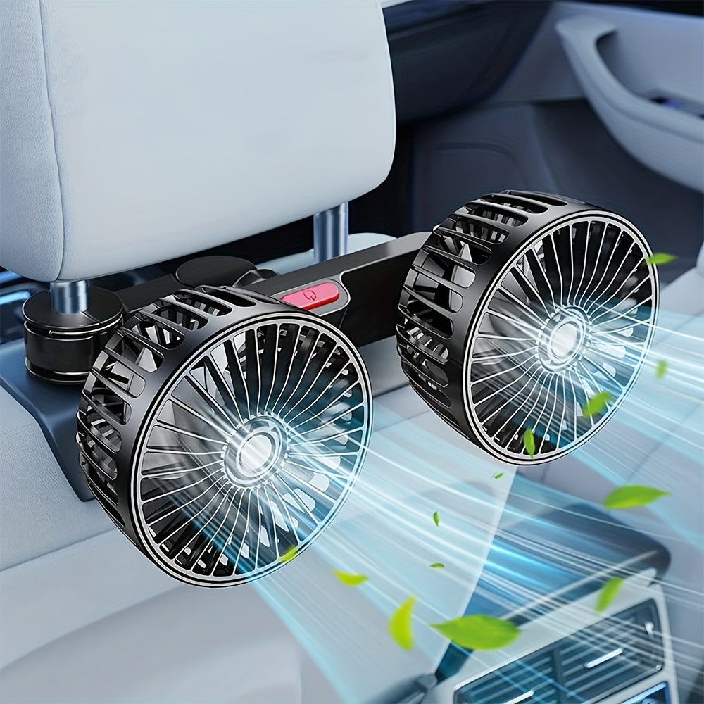 Introducing the Car Fan with a Powerful Rear Seat Back USB Interface Double-Head Electric Fan. Enjoy a strong wind with this small and portable fan that does not take up space in the car. Perfect for your beach vacation, picnic, summer travel, and back