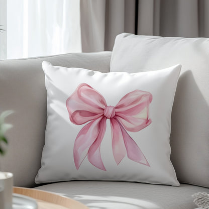 Chic pink bow print throw pillow cover, 44.96x44.96cm, contemporary style, 100% polyester with zip closure. Machine washable, perfect for living room sofa and bedroom decor. (Pillow insert not included) Great for couches.