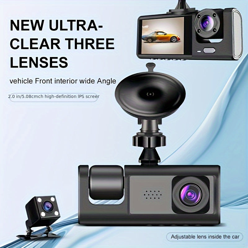 1 set of 3-channel front and rear car camera with 1080P resolution, IR night vision, cycle recording, 5.08 cm IPS screen, and wide-angle lenses for simultaneous recording of a black box.