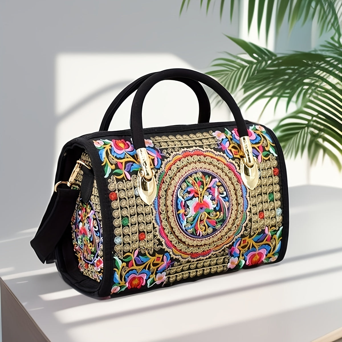 Vintage embroidered Boston bag with retro bohemian tote style for women.