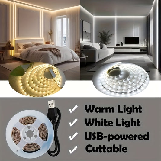 Dimmable white single-color USB LED strip lights with fantasy theme for New Year decoration. Powered by USB, no battery required. Includes self-adhesive SMD2835 for easy installation and is