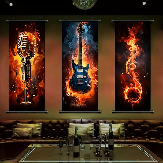 Single piece music-themed hanging scroll featuring a flame guitar, ideal for wall decor in bathrooms, bedrooms, and living rooms. Dimensions: 40.64cm x 99.06cm. Aesthetic addition to any room.