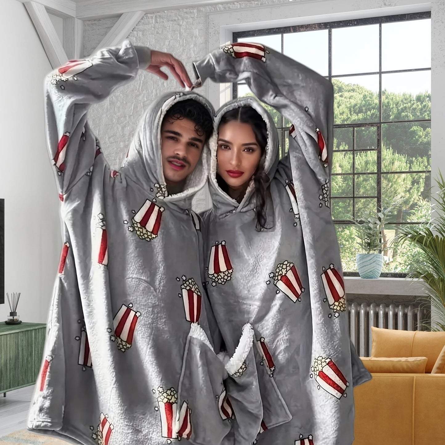 Gray popcorn novelty couple hooded sweatshirt for home sleepwear.