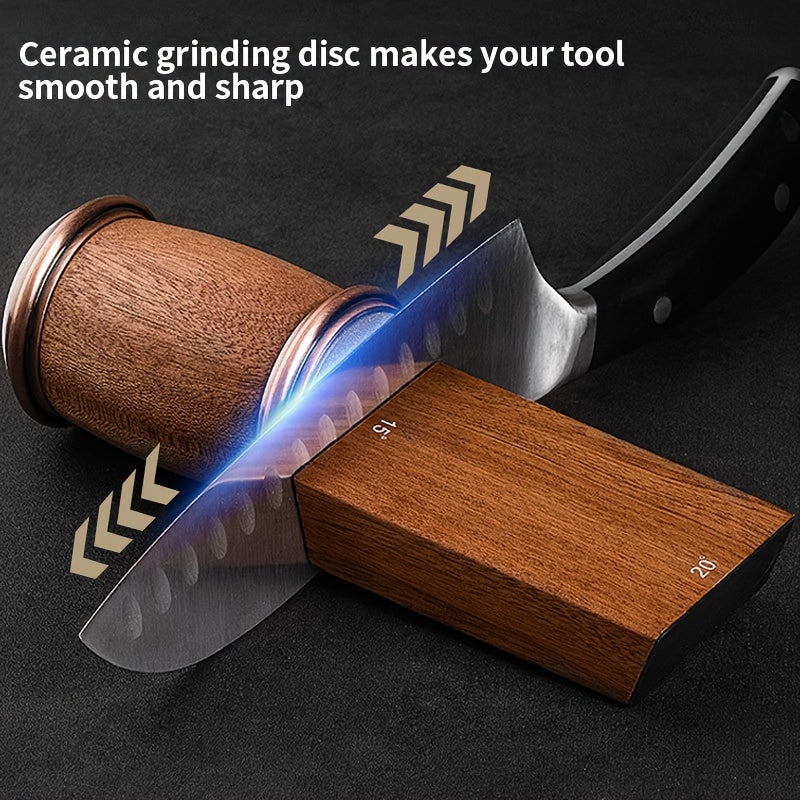 Ultimate Kitchen Knife Sharpening Set - Deluxe Wood-Finish Manual Sharpener Kit made of Corundum with Magnetic Angle Guide, Durable Metal Construction, Medium Grit, Precise 15 & 20 Degree Angles - Perfect Present for Cooking Aficionados