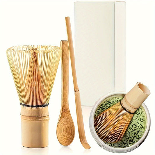 BambooWorx Tea Set includes 1 piece each of a Matcha Whisk, Traditional Spoon, and Teaspoon. This set is ideal for preparing traditional matcha cups and includes essential tea accessories.