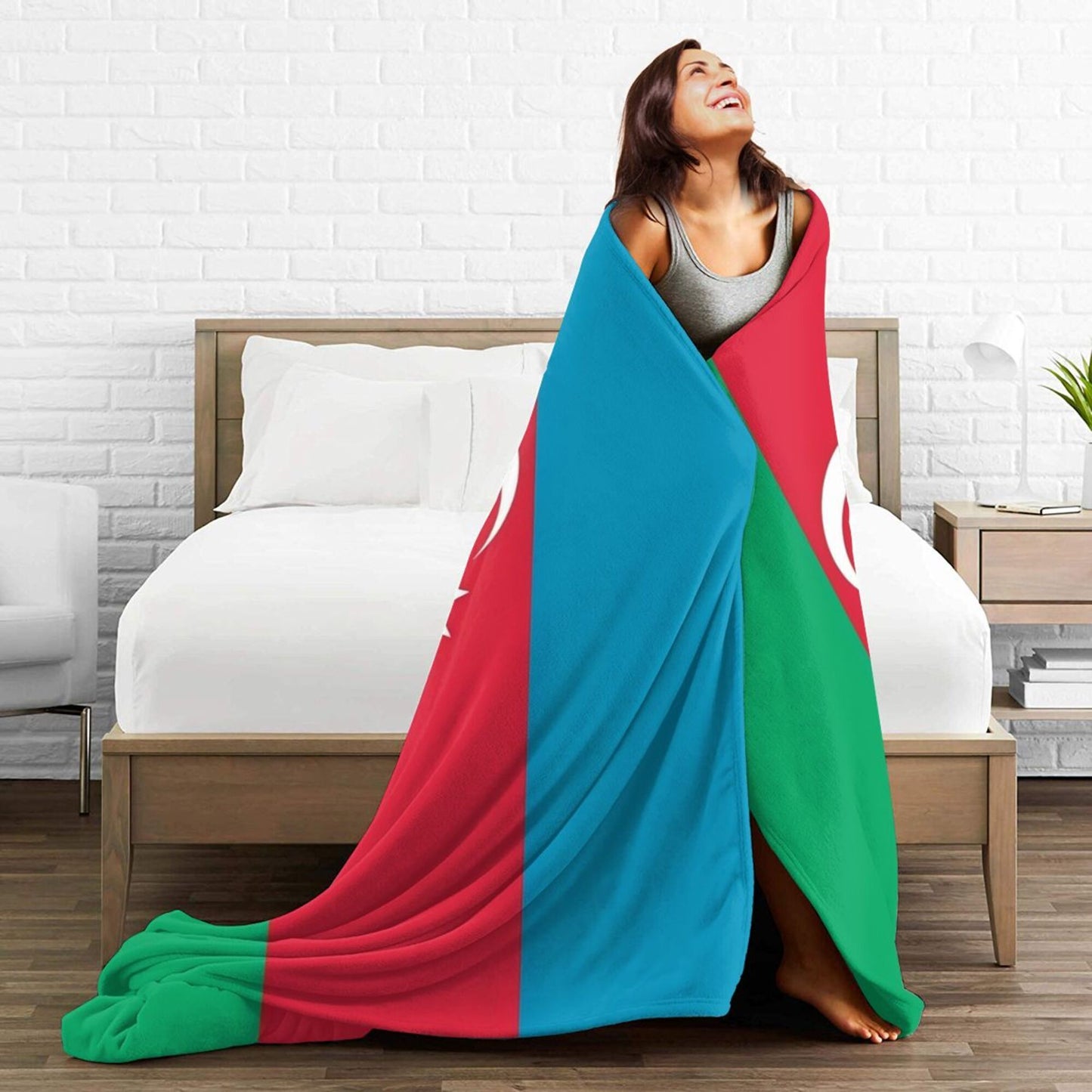 Stay cozy with this Azerbaijan Flag Flannel Throw Blanket! Perfect for all seasons, this blanket features a glamorous style with a digital print of the Azerbaijani flag. Made of non-woven polyester and weighing between 250-300gsm, this blanket is both